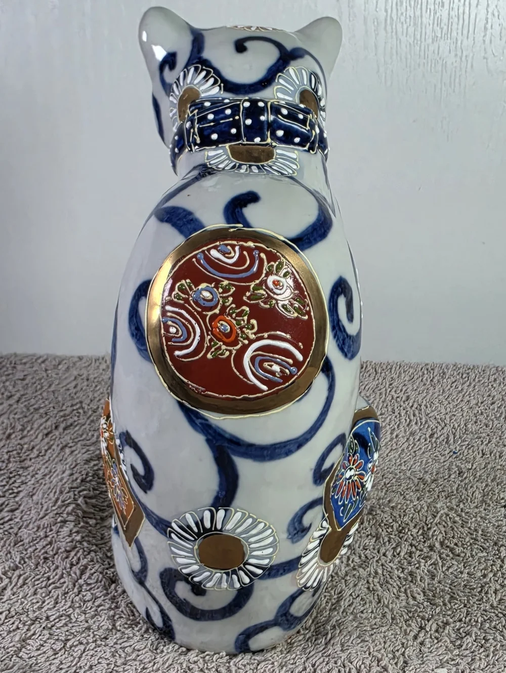 Decorative White and Blue Kutani Porcelain Cat Figurine with Gold Accents